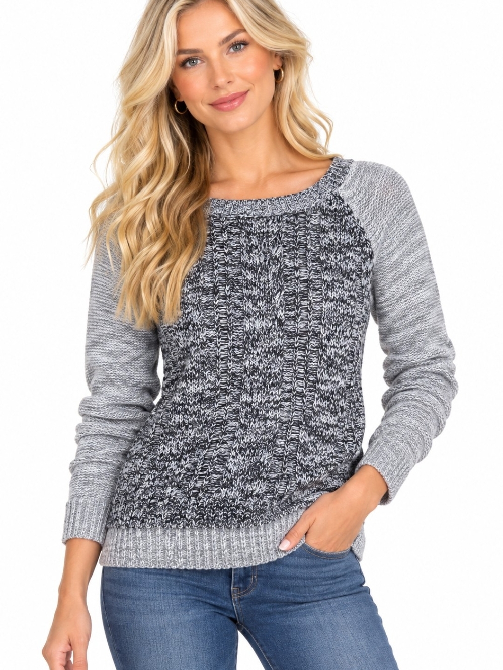 Pink Rose Black & Gray Marled Cable Crew Sweater(sz:small)